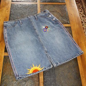 Denim Skirt, Upcycled Embroidered